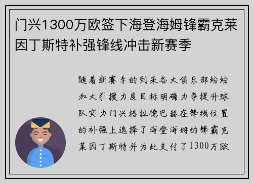 门兴1300万欧签下海登海姆锋霸克莱因丁斯特补强锋线冲击新赛季